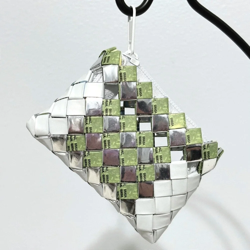 Handcrafted Upcycled Woven Coin Purse‎ Green Silver White Recycled Wrapper Bag